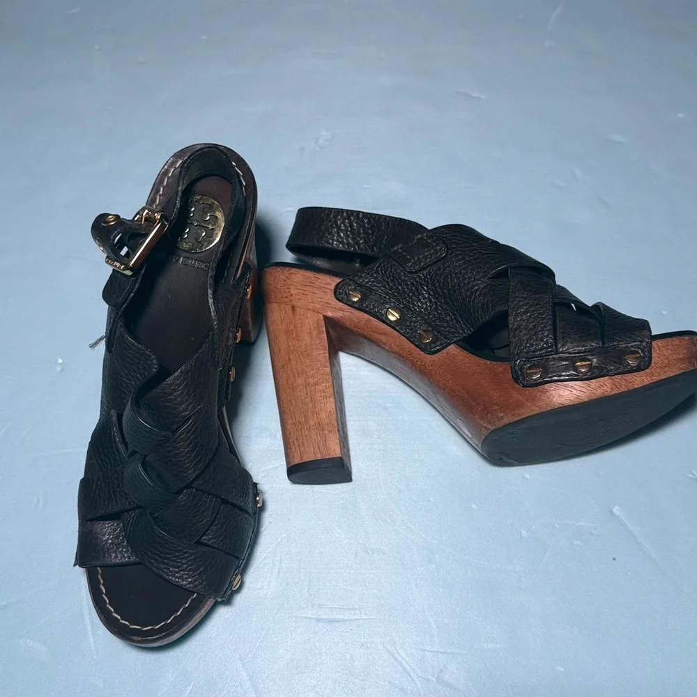 TORY BURCH Women’s 8 M Jodie Brown Leather Woven Platform Heel Sandals - Picture 2 of 15